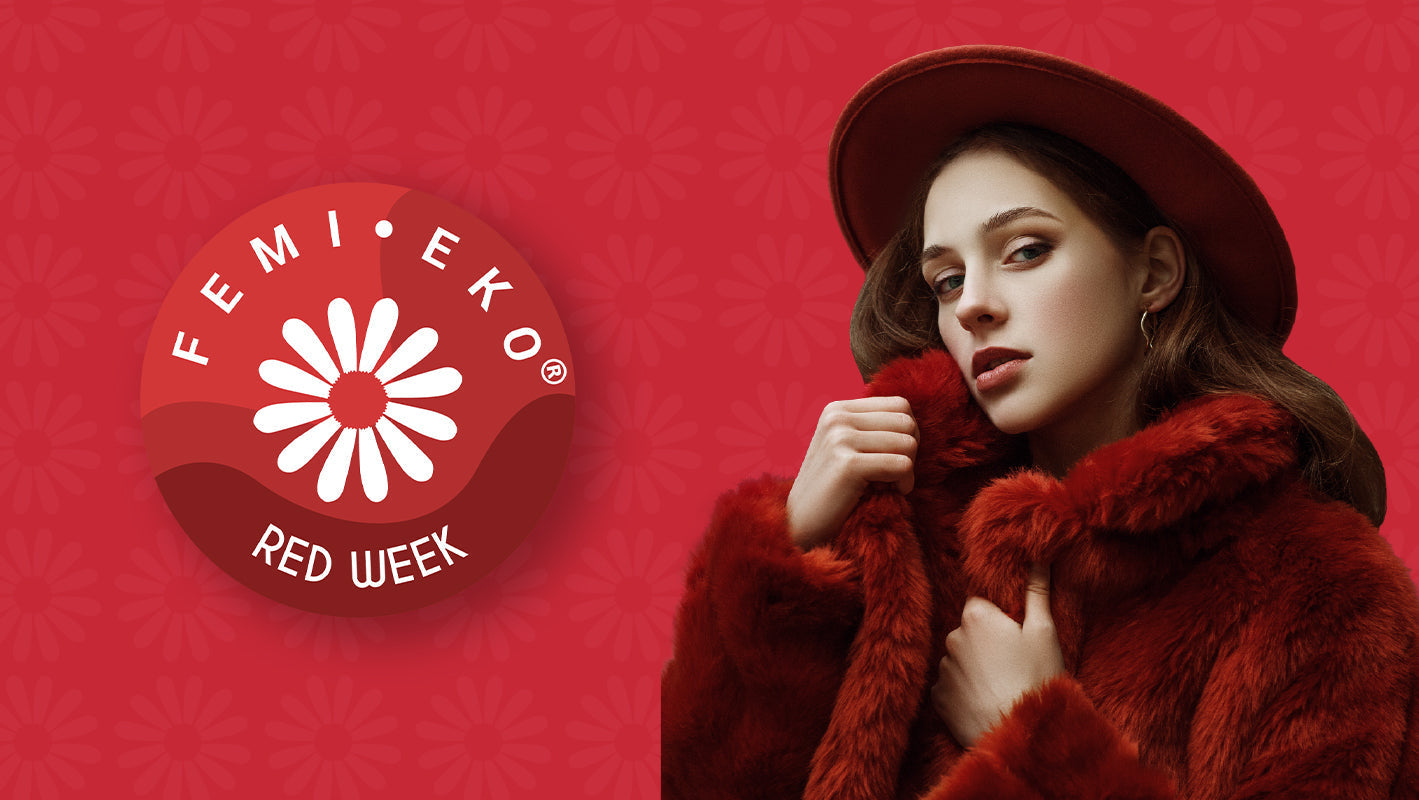 Campania Femi.Eko® Red Week – femeie în haină roșie, pe fundal cu margarete și logo-ul brandului.