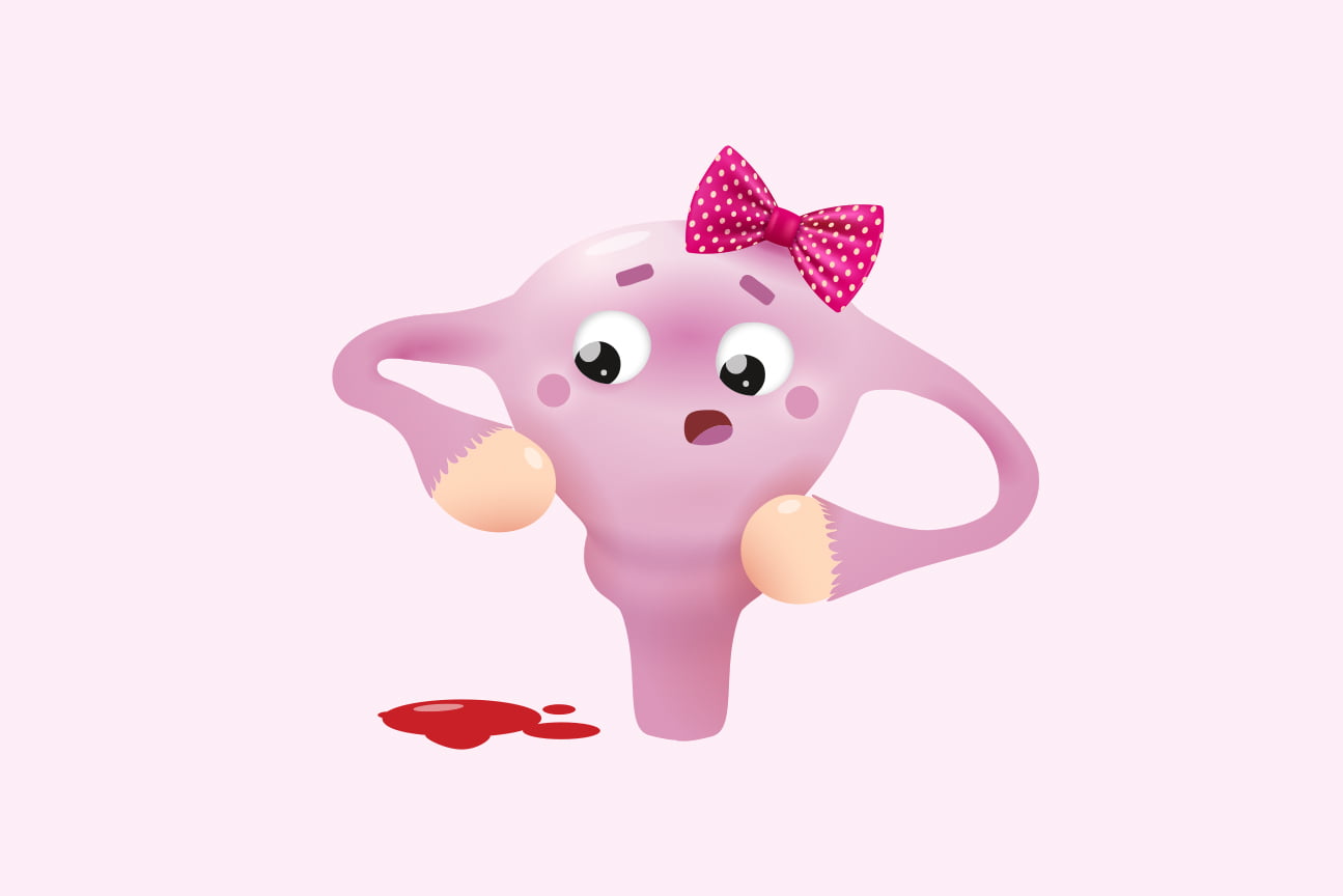 Uter vesel desenat stilizat – Ilustrație simpatică a unui uter cu fundiță roz și expresie surprinsă, privind o pată de sânge menstrual.
