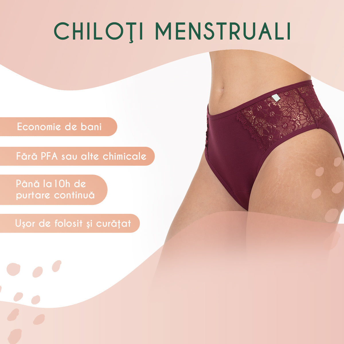 Chiloți menstruali Femi.Eko® cu inserții din dantelă, evidențiați alături de beneficii precum economie de bani, fără chimicale și purtare de până la 10 ore.