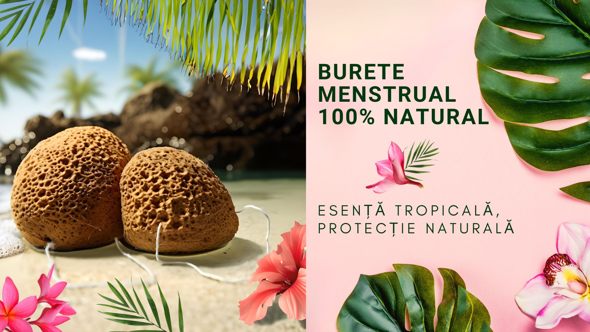 Bureți menstruali 100% naturali pe fundal tropical, însoțiți de frunze exotice, flori – un mesaj despre feminitate și sustenabilitate.