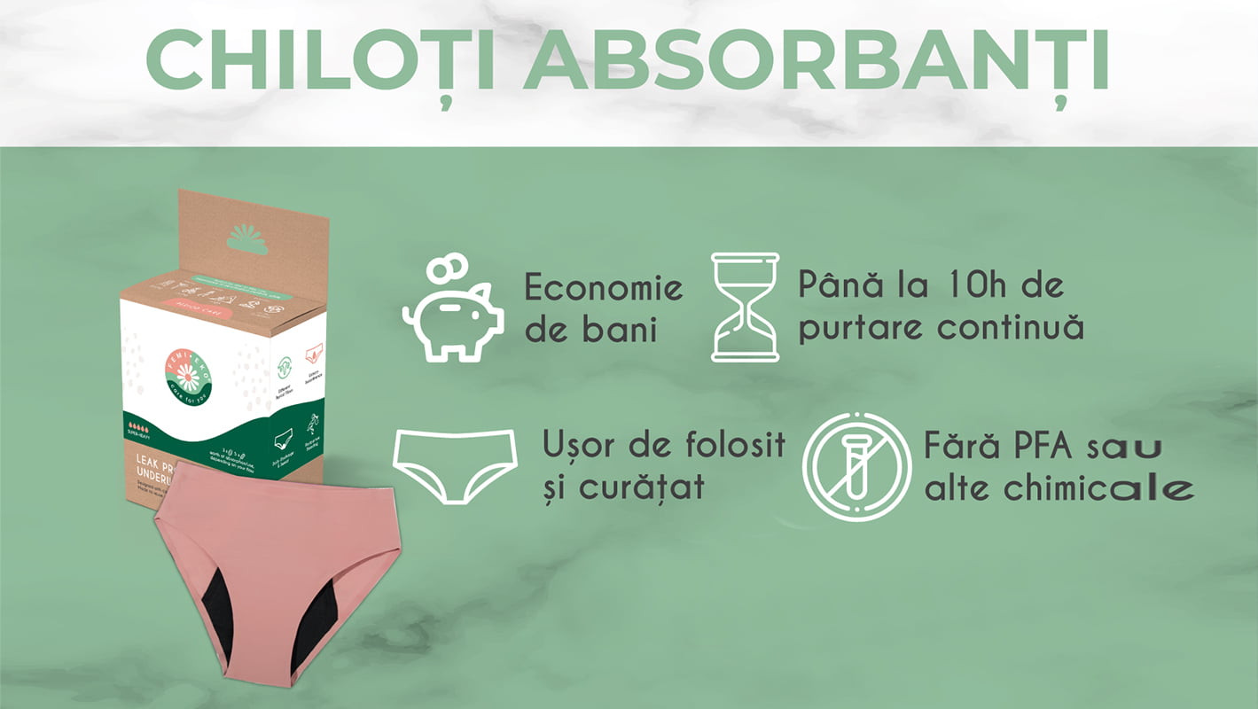 Chiloți menstruali absorbanti Femi.Eko® cu ambalaj sustenabil, evidențiind beneficiile produsului: economie de bani, până la 10h de purtare continuă, fără PFA sau chimicale, ușor de folosit și curățat.