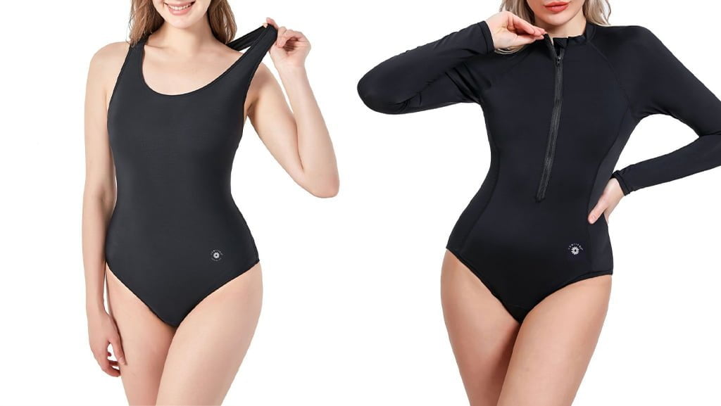 Costume de baie menstruale Femi.Eko® negre, model întreg clasic și model cu mâneci lungi, oferind protecție sigură și confort maxim în timpul menstruației.