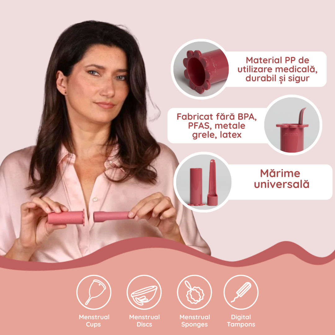 aplicator menstrual femieko cu paleta pentru ruperea vidului, indepartare usoara a cupei menstruale.