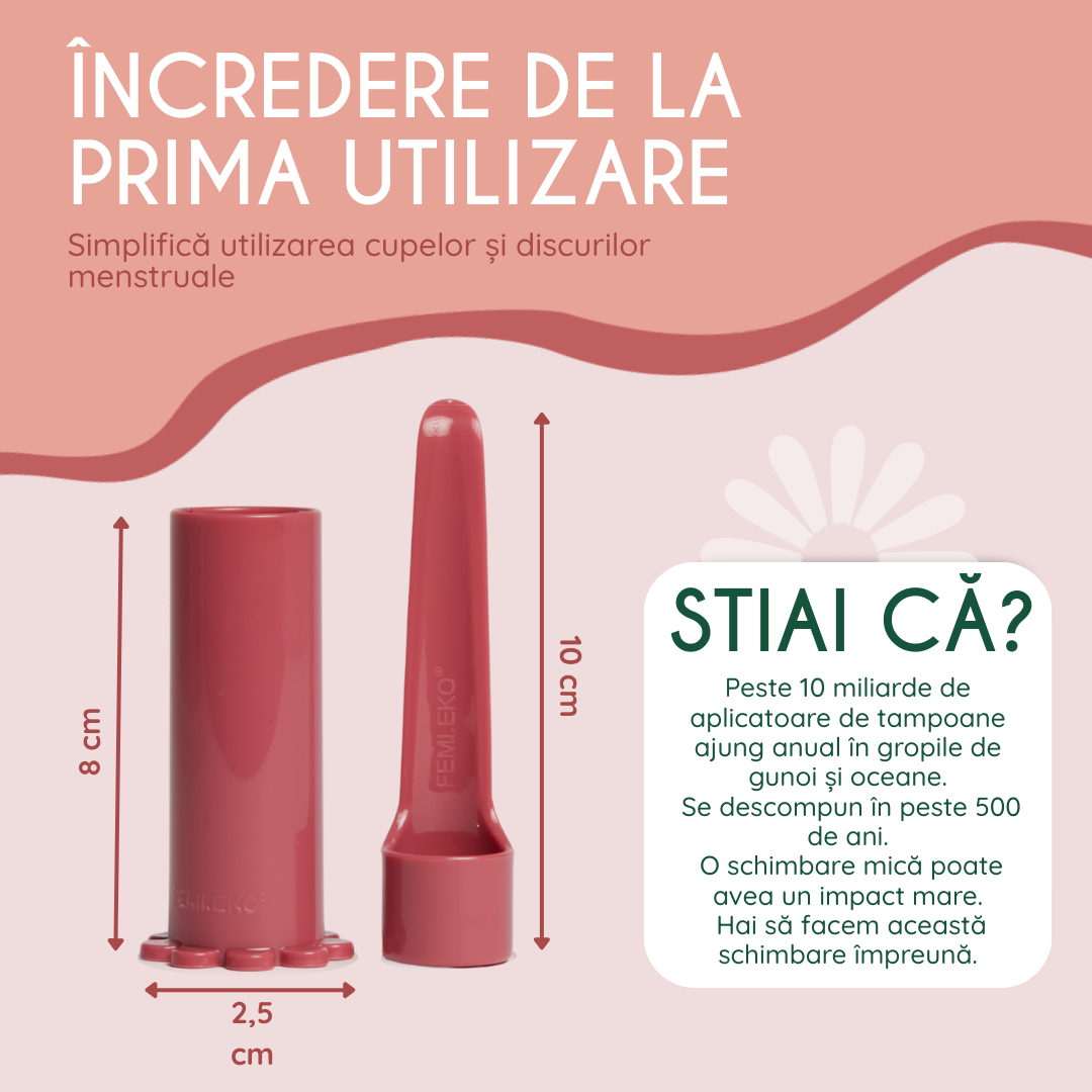 aplicator universal femieko, compatibil cu orice marime sau tip de cupa menstruala si disc menstrual