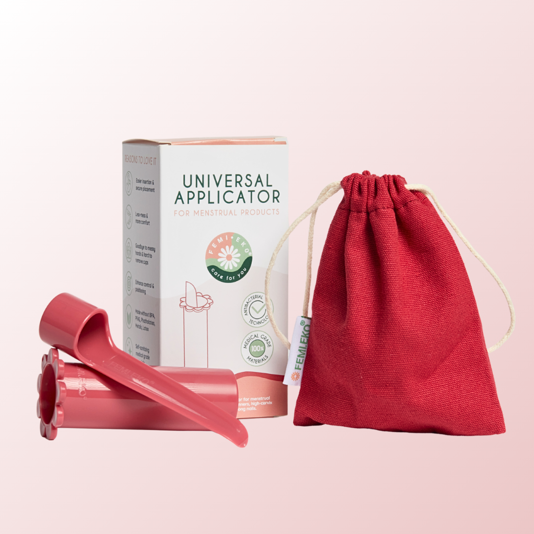 aplicator universal femieko pentru cupa menstruala, disc menstrual si tampon, utilizare igienica fara contact direct