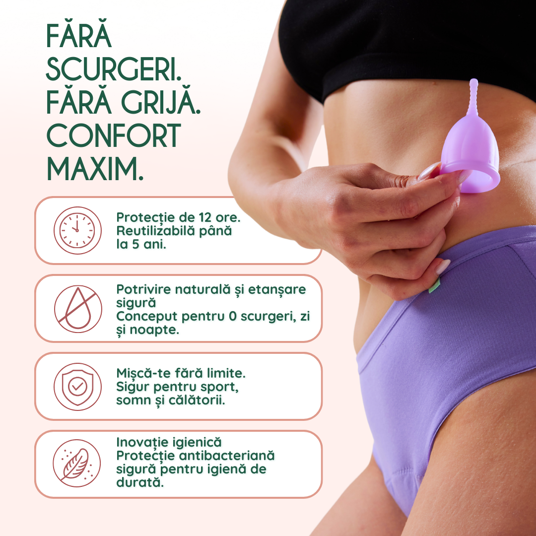 cupa menstruala femieko safe m mov, protectie menstruala sigura pana la 12 ore