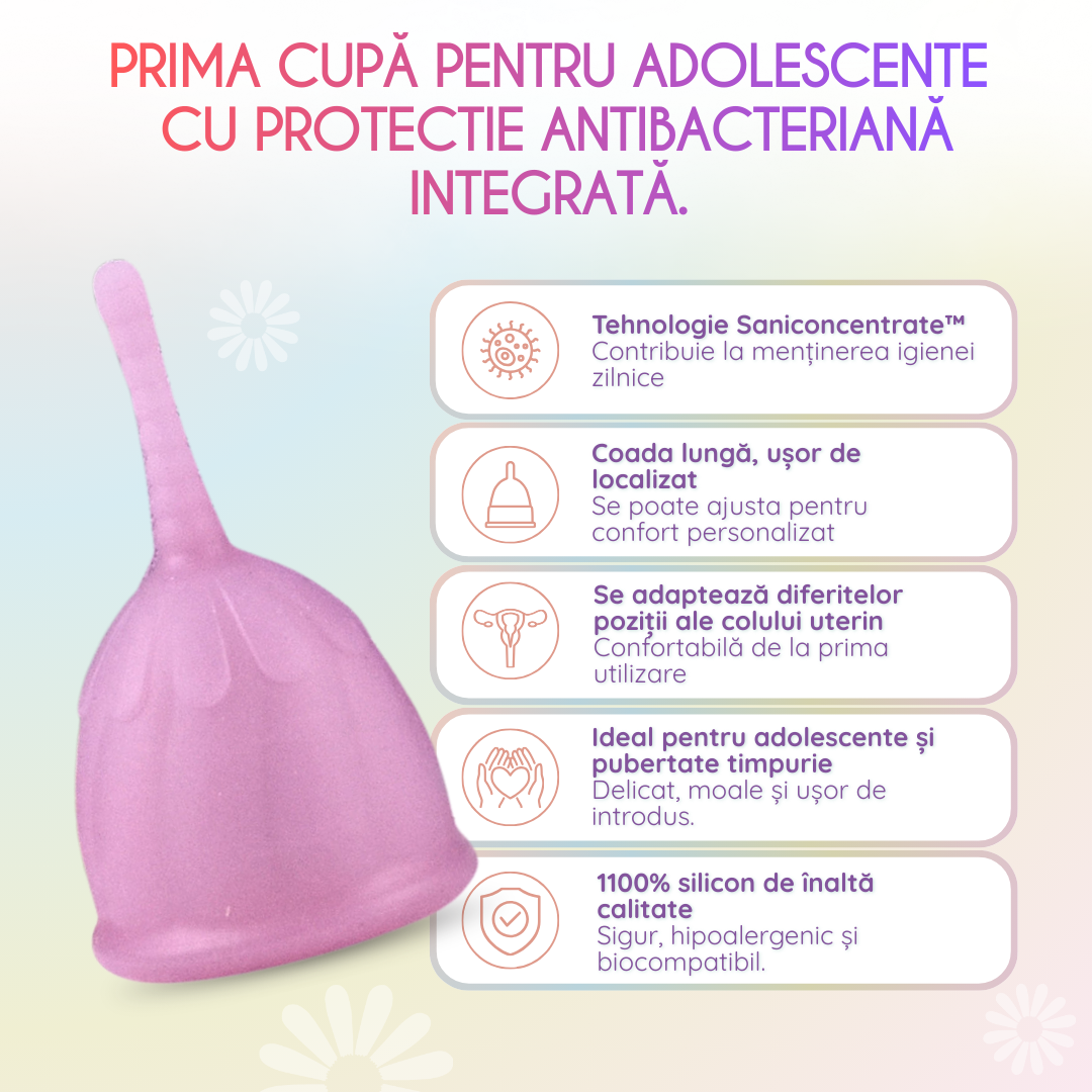 cupa menstruala femieko xs adolescente, alternativa reutilizabila la tampoane si absorbante , sigura pana la 12 ore, capacitate 18 ml.