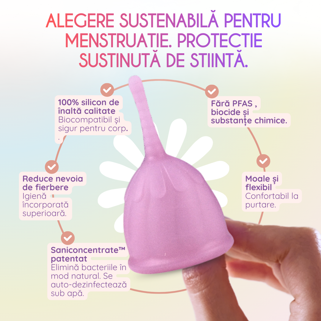 cupa menstruala femieko teen xs mov, silicon medical moale si flexibil pentru utilizatoare incepatoare