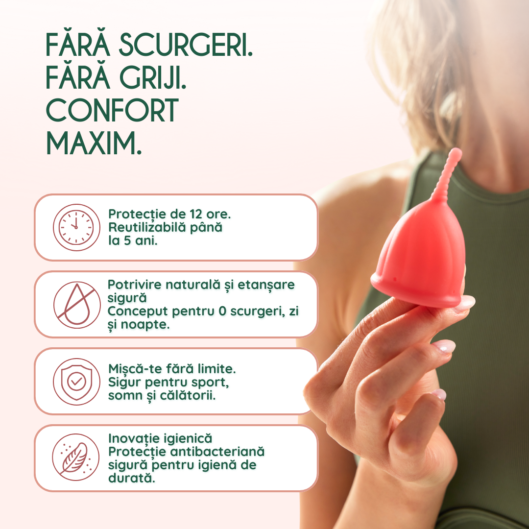 cupa menstruala femieko safe roz marimea m, detaliu silicon medical moale antibacterian