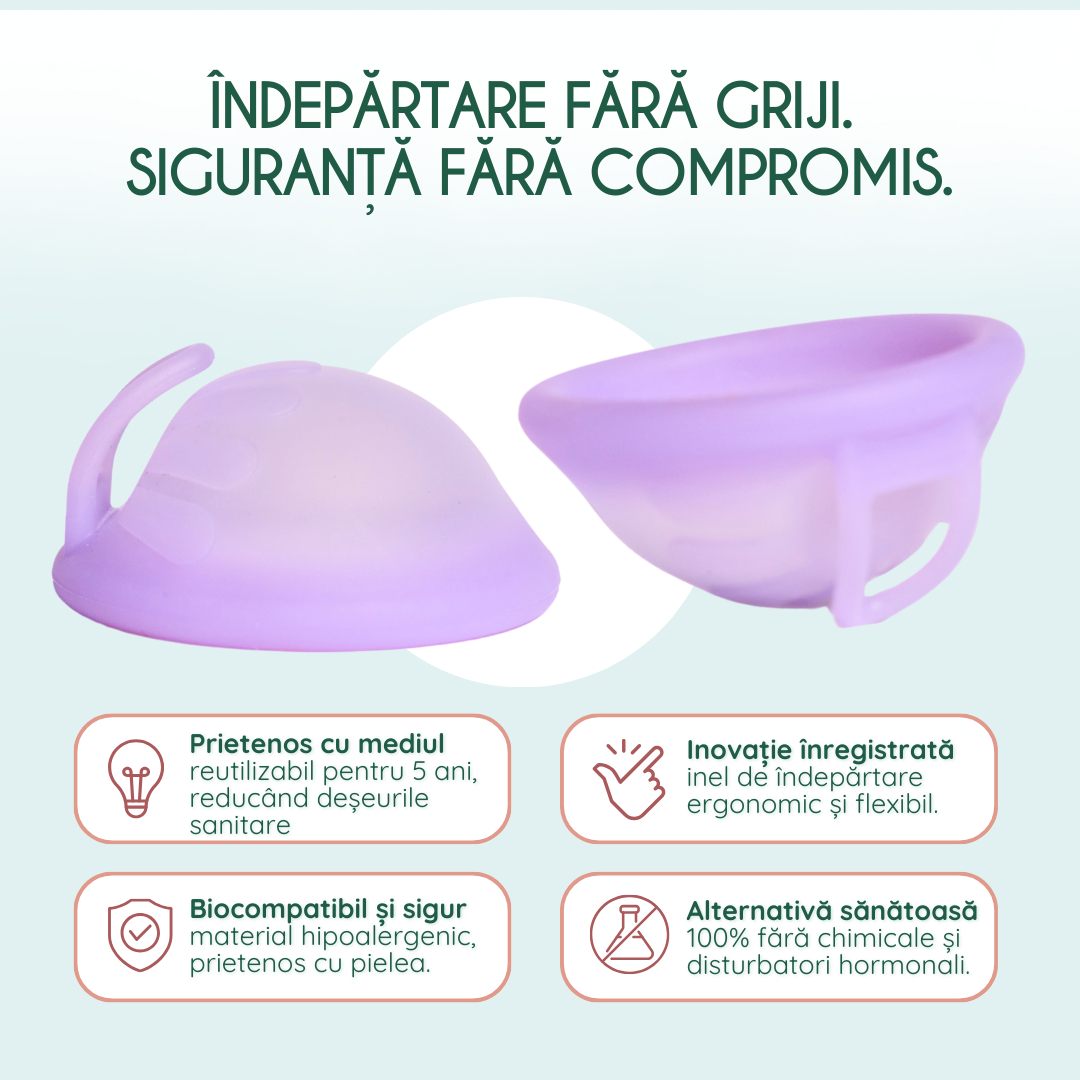 disc menstrual antibacterian femieko safe soft, capacitate mare 50 ml pentru flux abundent.