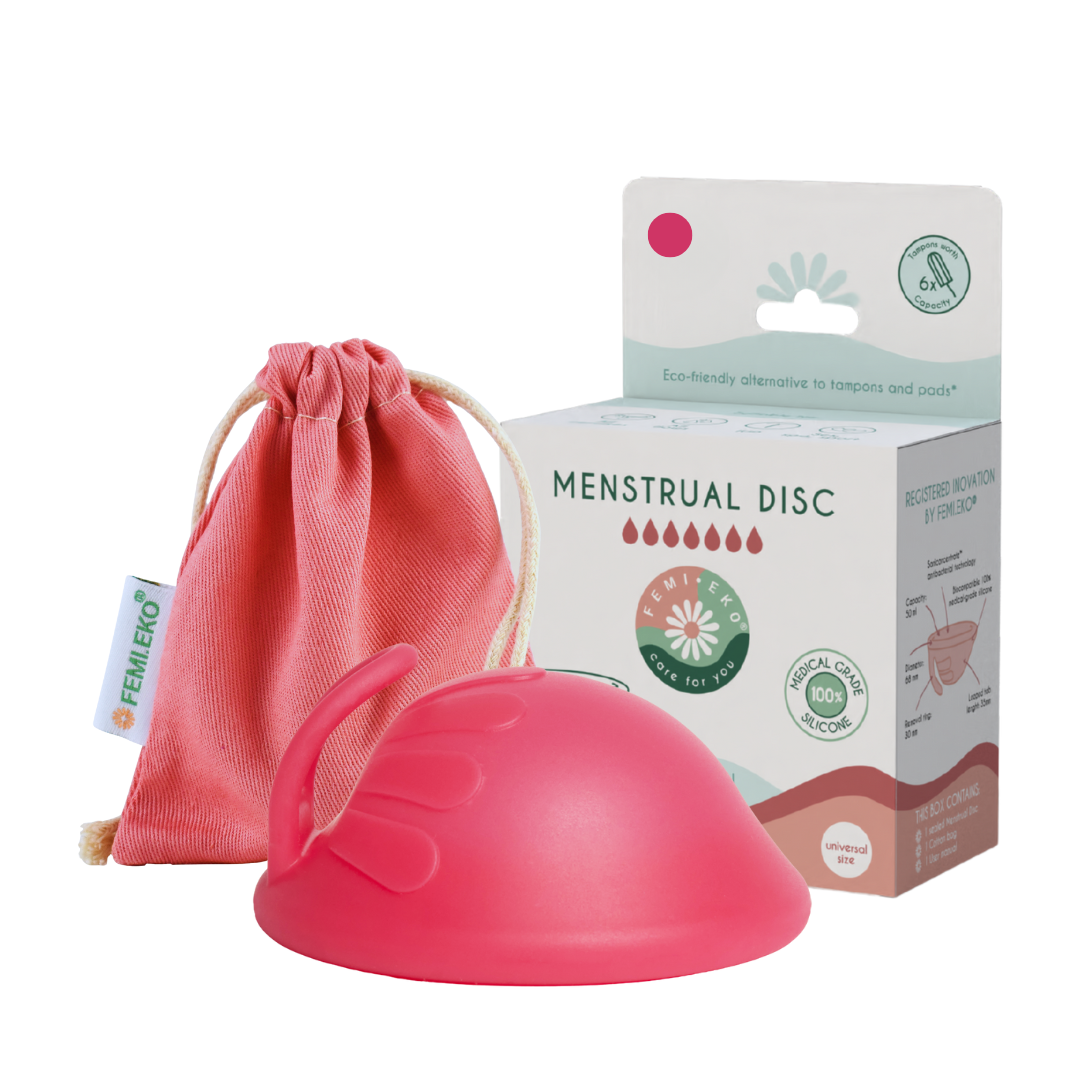 disc menstrual reutilizabil femieko fuchsia cu inel de extractie, usor de folosit.