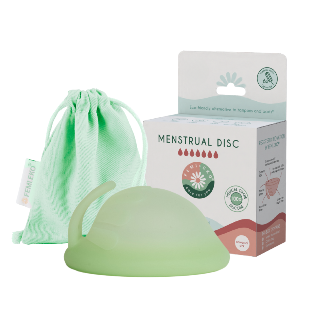 Disc menstrual Femieko verde reutilizabil din silicon medical, alternativa la tampon si absorbante.
