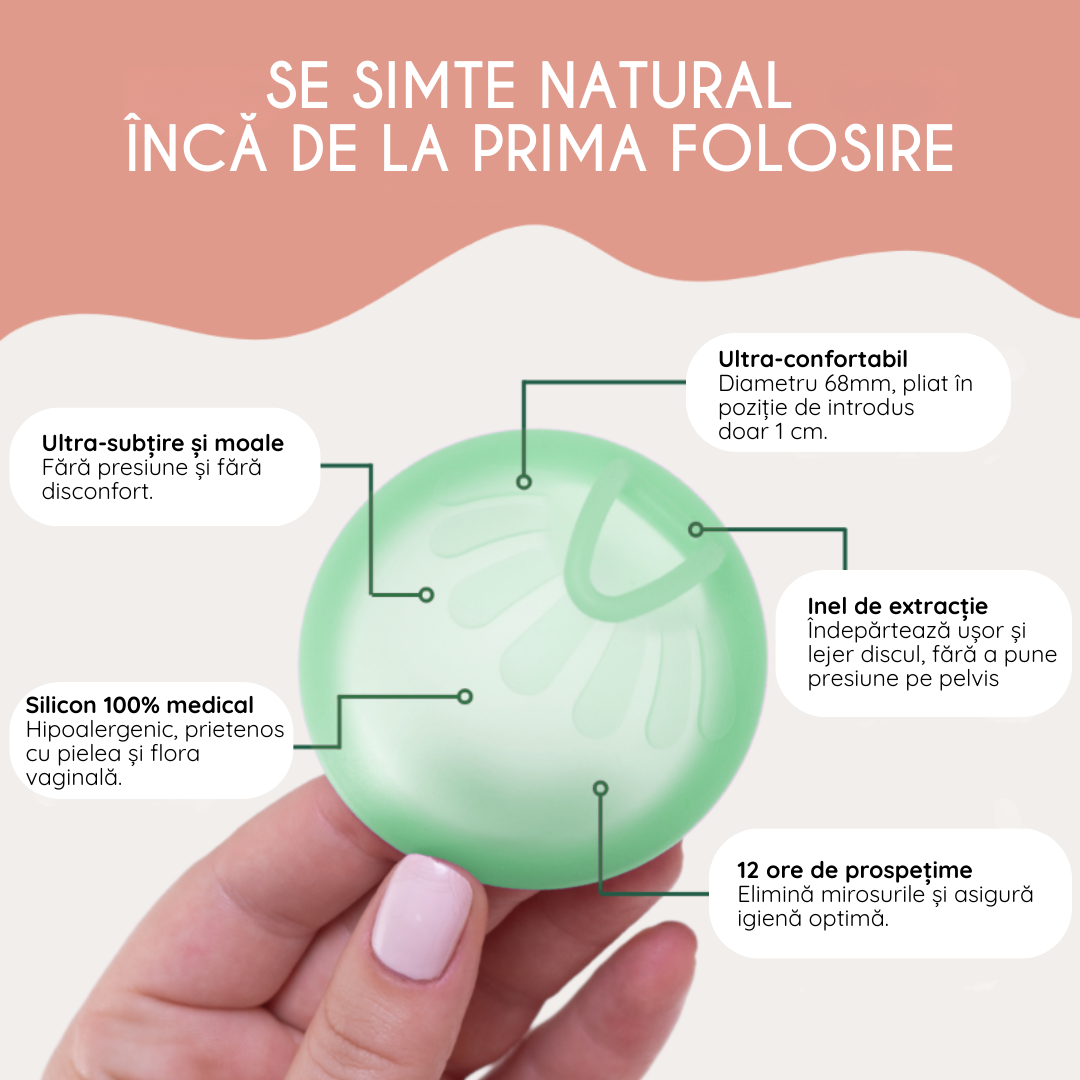 Disc menstrual din silicon medical Femieko protectie menstruala reutilizabila pana la 12 ore.