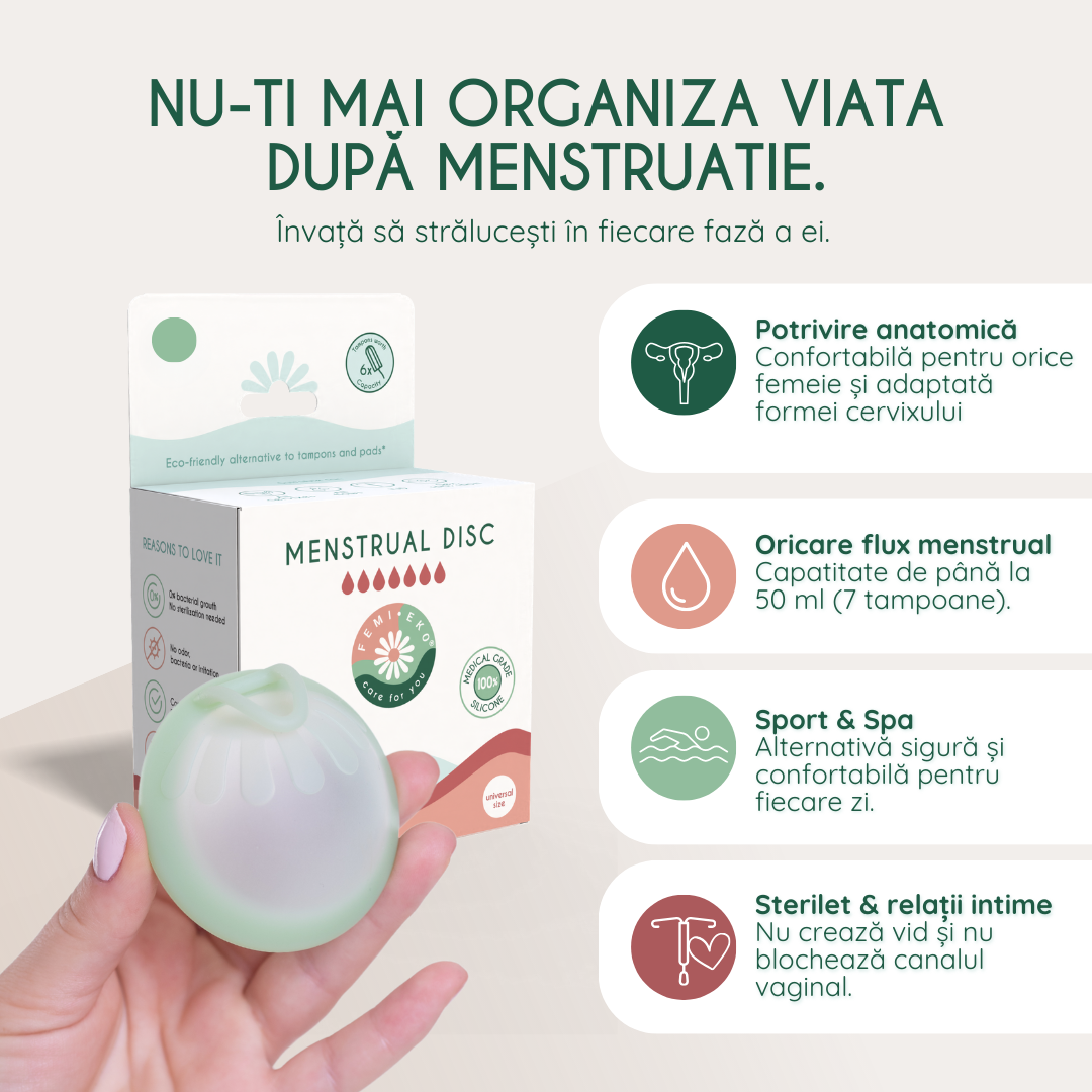 Disc menstrual din silicon medical Femieko recomandat pentru incepatoare.