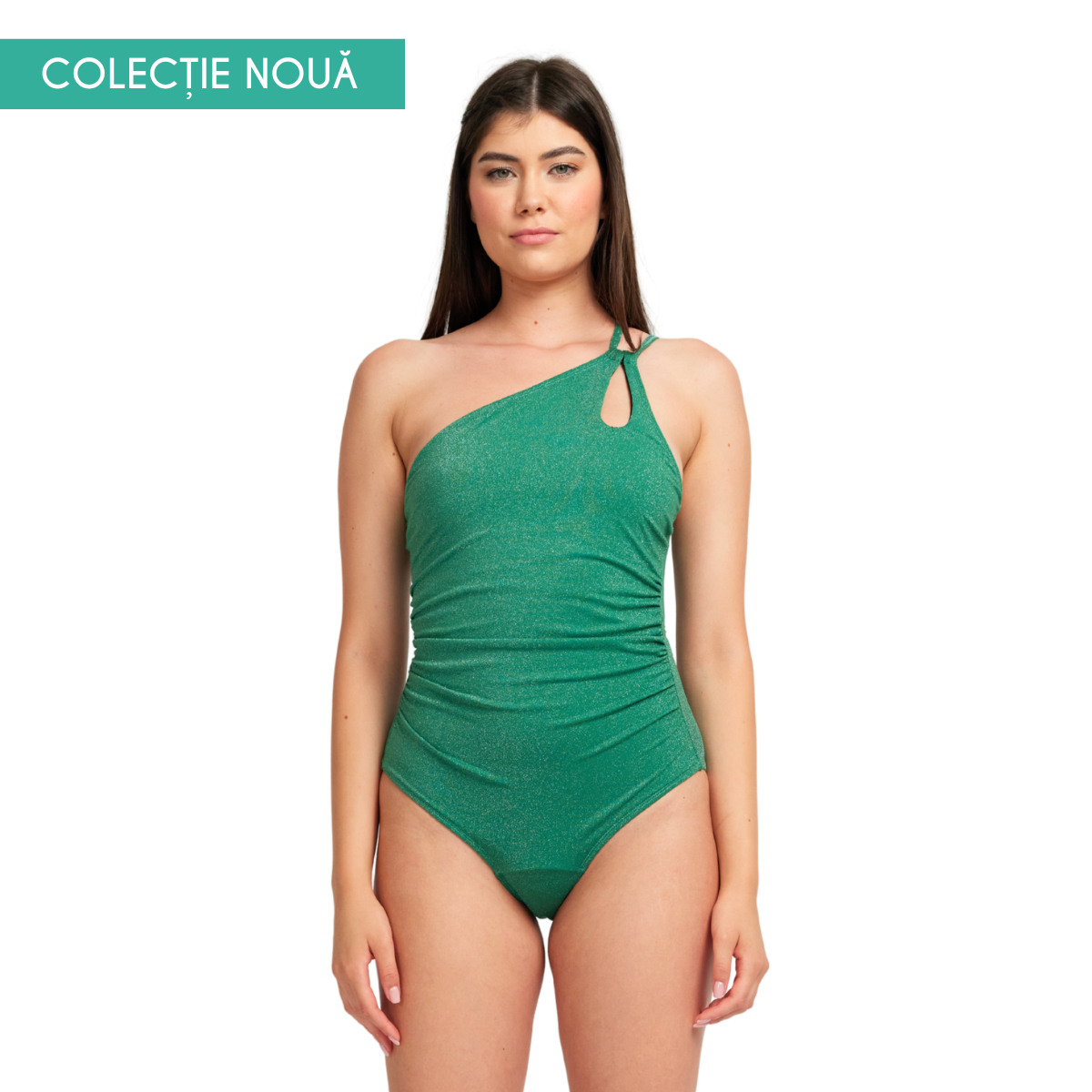 Costum de baie menstrual Femi.Eko® din colecția nouă, verde smarald, cu bretea asimetrică și design modern