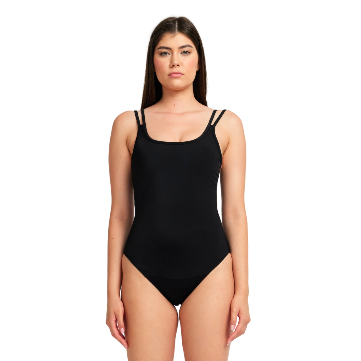 Costum de baie menstrual Femi.Eko® Scarlett, negru clasic, cu bretele duble și protecție integrată