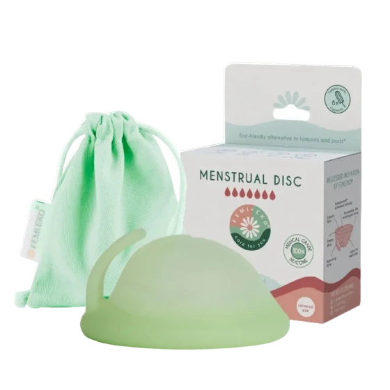 Disc menstrual FemiEko verde, cu săculeț și cutie